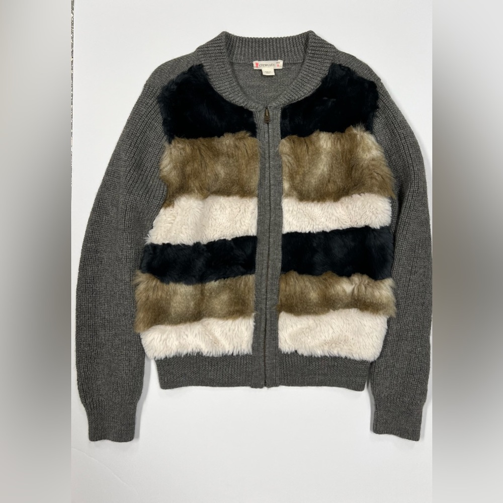 CrewCuts Grey Merino Wool Faux Fur Zip Up Sweater Cardigan NWOT J.Crew Kids